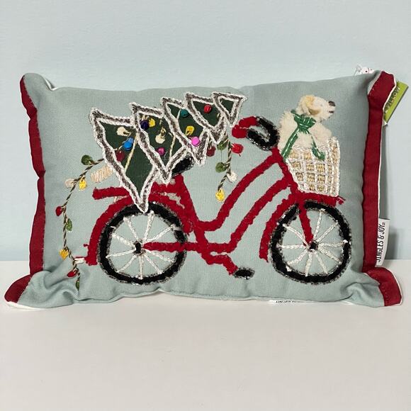 Jingle Joy Holiday Decorative Pillow Christmas Tree Dog Bicycle Embroidered New - Picture 1 of 9